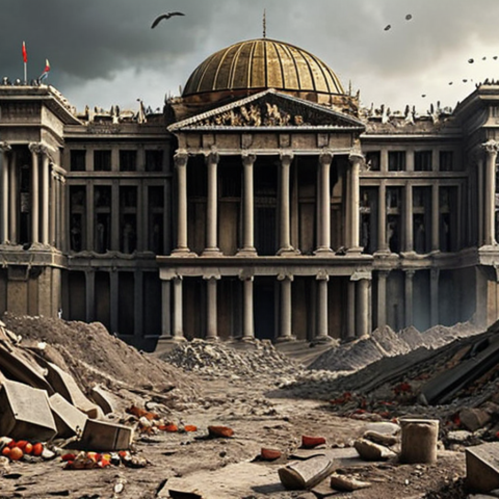**

A powerful but decaying empire, visually representing the fall of empires due to economic greed and war. Focus on contrasts between opulent riches and crumbling infrastructure, symbolizing the unsustainable nature of imperialism. Include elements representing resources being extracted from colonized lands and flowing into the empire. Style: Realistic, slightly desaturated colors to convey a sense of history and decline.

**