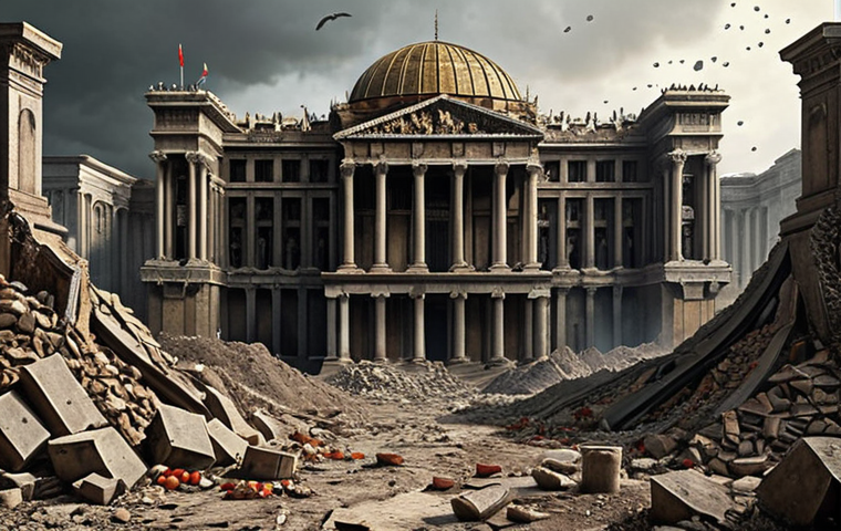 **

A powerful but decaying empire, visually representing the fall of empires due to economic greed and war. Focus on contrasts between opulent riches and crumbling infrastructure, symbolizing the unsustainable nature of imperialism. Include elements representing resources being extracted from colonized lands and flowing into the empire. Style: Realistic, slightly desaturated colors to convey a sense of history and decline.

**
