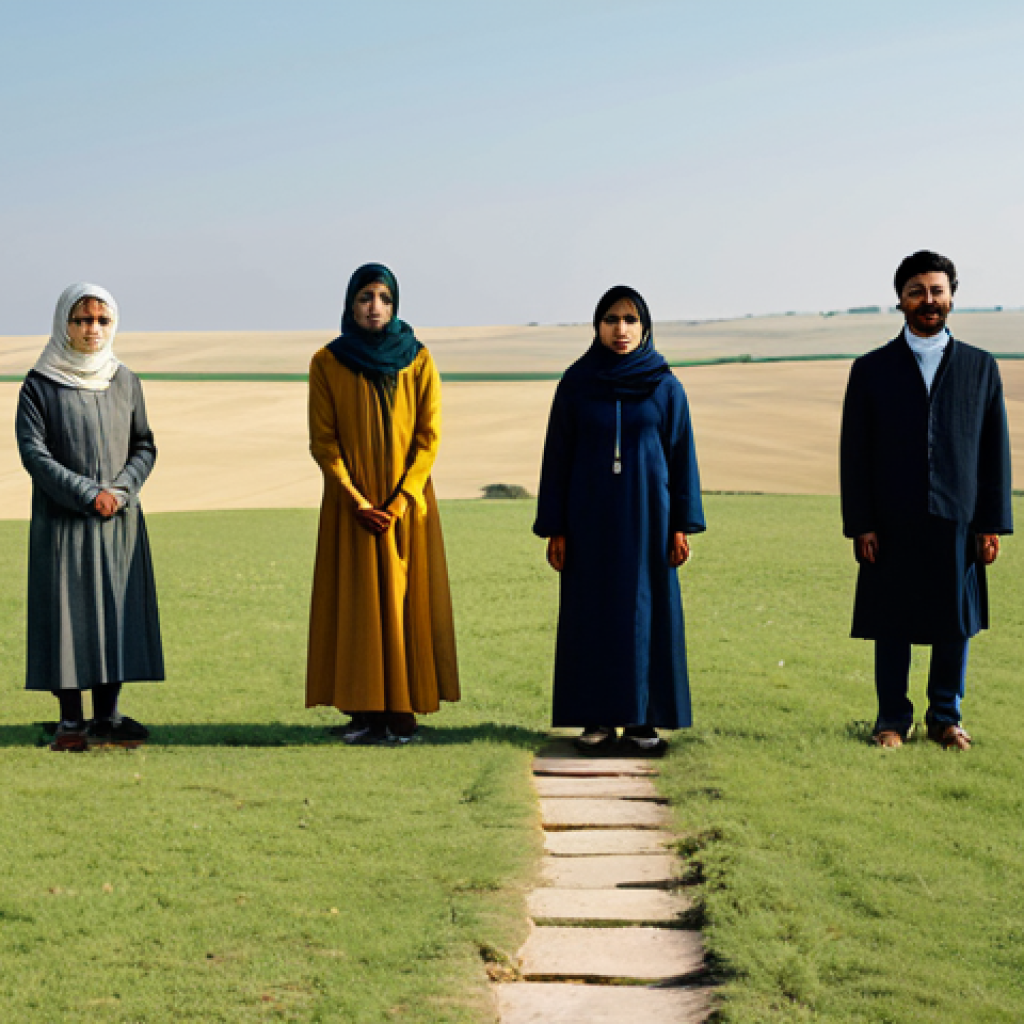 A diverse group of people, representing different cultures and backgrounds, standing on either side of an abstract, symbolic dividing line on a vast, tranquil landscape. They are fully clothed in modest cultural attire and professional smart casual wear, appropriate for a global setting. The environment is a serene, expansive landscape with subtle visual cues of ancient pathways or cultural heritage, where a translucent, ethereal line gently separates two subtly distinct yet harmonious terrains. The background is a soft, unifying horizon. The mood is thoughtful, emphasizing connection and understanding across historical divides, portraying a sense of unity despite separation. Cinematic quality, professional photography, soft natural light, perfect anatomy, correct proportions, well-formed hands, proper finger count, natural body proportions, high resolution, detailed, safe for work, appropriate content, fully clothed, family-friendly, modest clothing.
