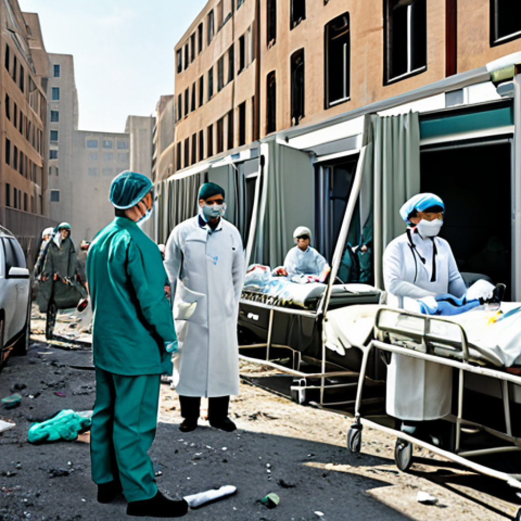 Mobile Field Hospital**

"A modern field hospital scene amidst bombed-out buildings, professional medical staff in appropriate attire tending to patients, advanced medical equipment visible, fully clothed, safe for work, perfect anatomy, correct proportions, daytime, realistic rendering, family-friendly, professional."

**