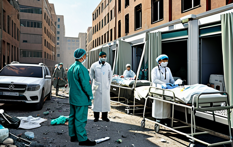 Mobile Field Hospital**

"A modern field hospital scene amidst bombed-out buildings, professional medical staff in appropriate attire tending to patients, advanced medical equipment visible, fully clothed, safe for work, perfect anatomy, correct proportions, daytime, realistic rendering, family-friendly, professional."

**