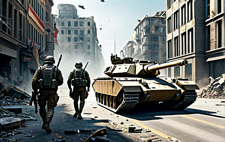 미래 전쟁 무기 예상 - A futuristic battlefield with unmanned tanks and soldiers in exoskeletons, fully clothed in appropri...