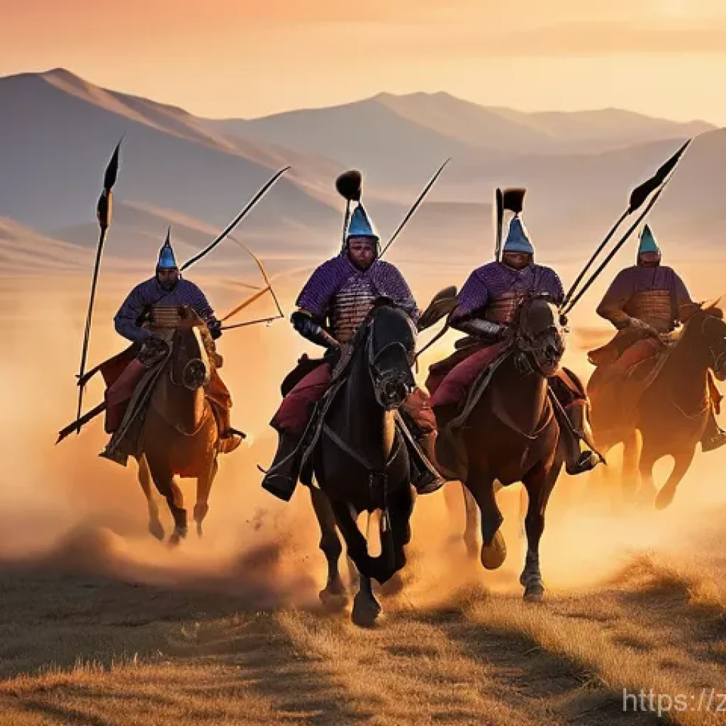 몽골의 세계 정복 - **A sweeping shot of a Mongol cavalry charge across a vast, dusty steppe at sunrise.** The warriors ...