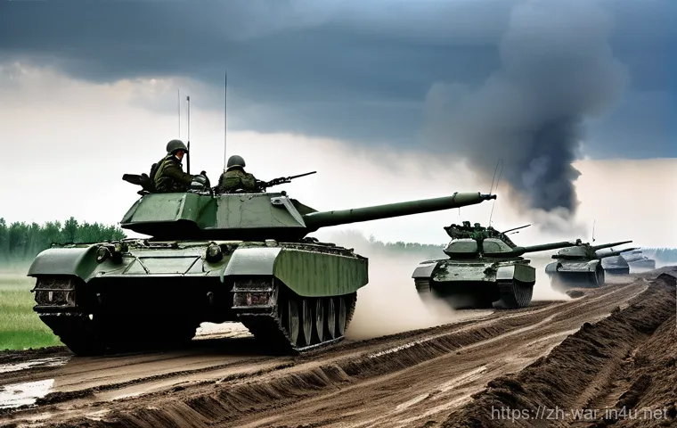 소련의 군사 전략 - **"Deep Battle" Mechanized Assault:** A wide, cinematic shot depicting a large-scale Soviet "Deep Ba...