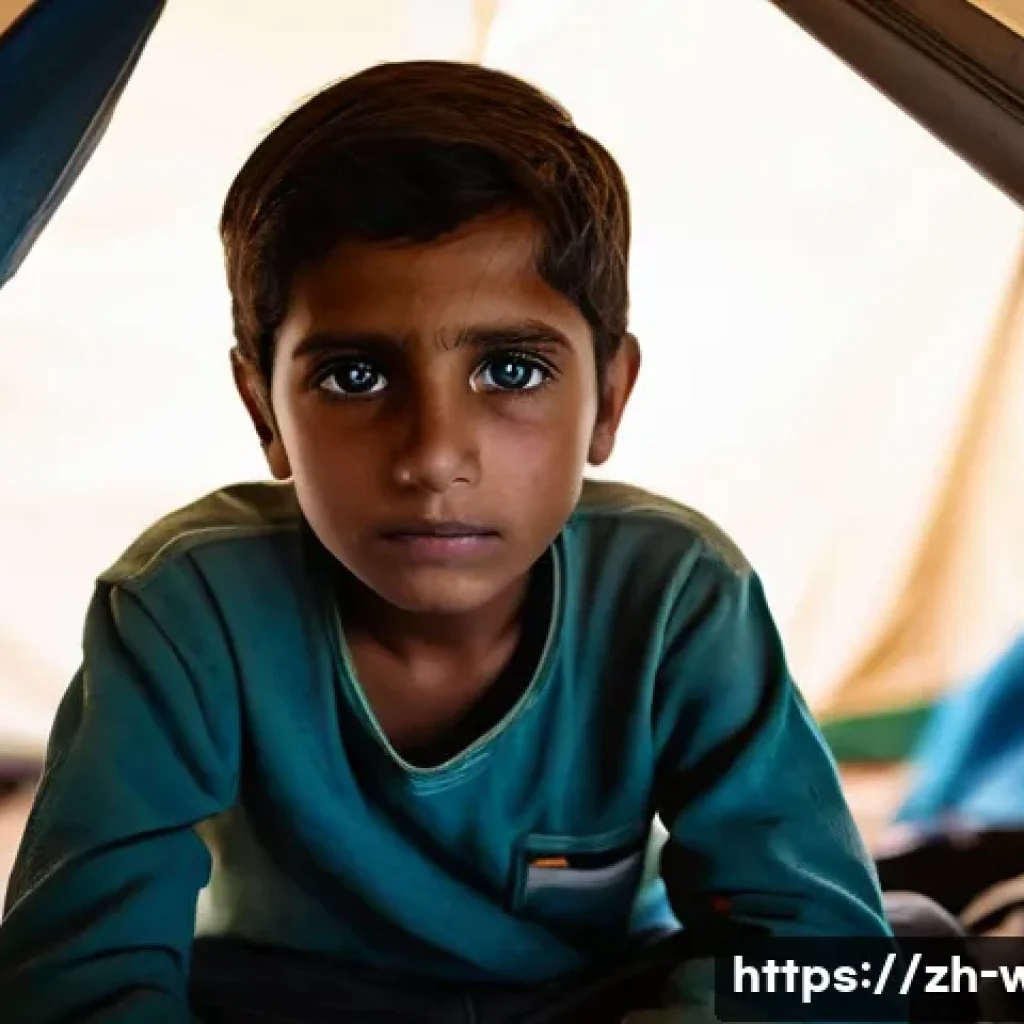 전쟁 난민 문제 - **Prompt 1: A Glimmer of Hope in the Camp**
    "A portrait shot of a young child, approximately 6-8...