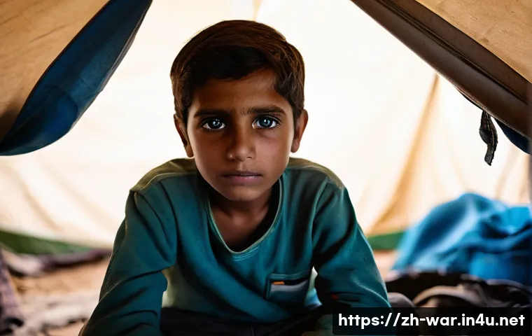 전쟁 난민 문제 - **Prompt 1: A Glimmer of Hope in the Camp**
    "A portrait shot of a young child, approximately 6-8...