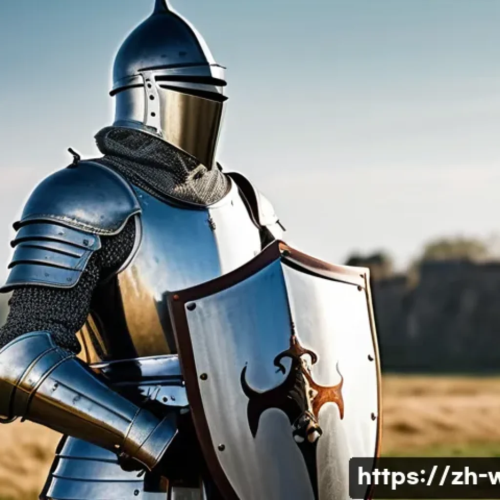 중세 기사와 전투 방식 - A detailed scene of a medieval knight fully dressed in polished steel plate armor, standing confiden...