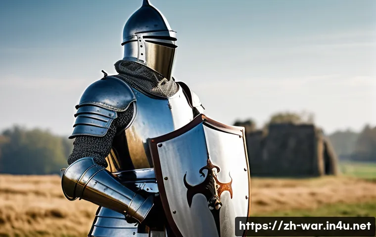 중세 기사와 전투 방식 - A detailed scene of a medieval knight fully dressed in polished steel plate armor, standing confiden...