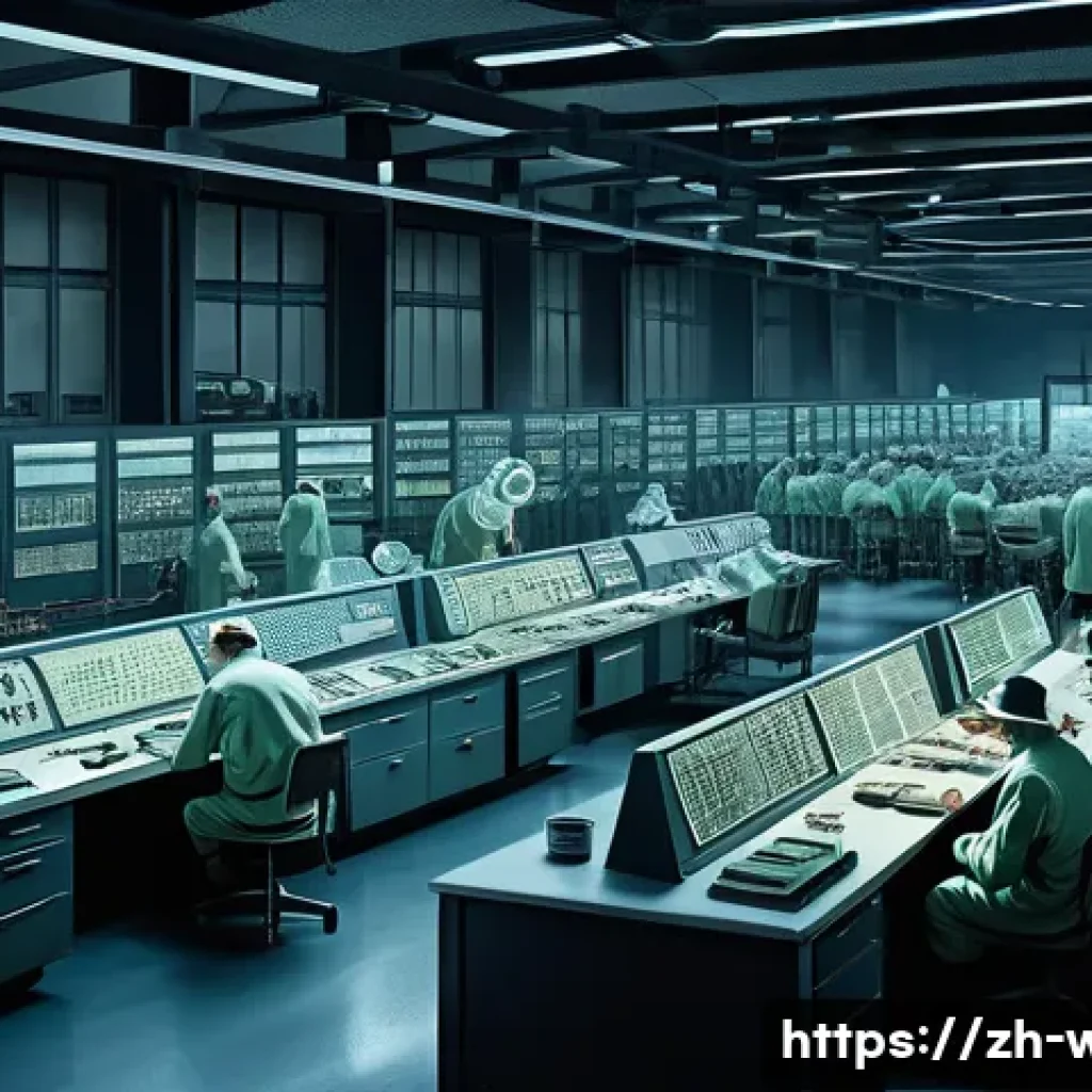 핵무기 개발 역사 - A highly detailed illustration of a top-secret World War II nuclear research laboratory, showing sci...