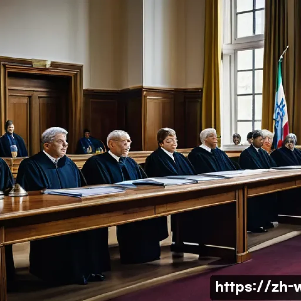 국제 전쟁 재판소 기능 - A solemn international war crimes tribunal courtroom scene, featuring diverse judges and prosecutors...