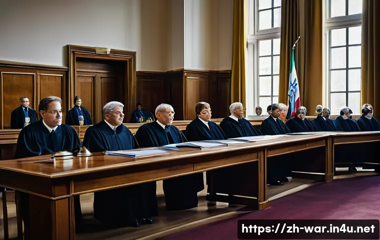 국제 전쟁 재판소 기능 - A solemn international war crimes tribunal courtroom scene, featuring diverse judges and prosecutors...