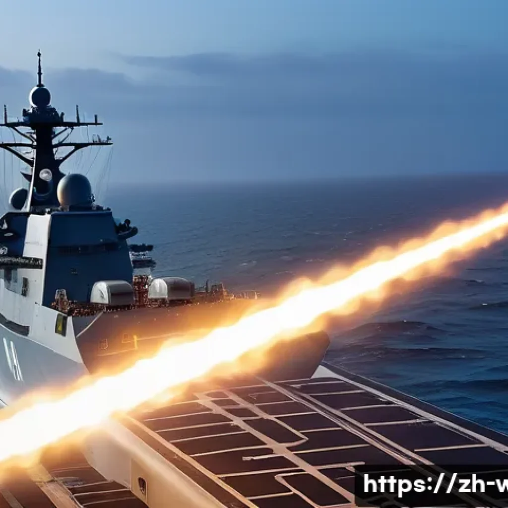 레이저 무기 실전 배치 - A futuristic high-power laser weapon system mounted on a sleek naval warship deck, emitting a focuse...
