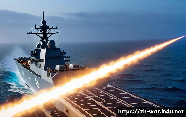 레이저 무기 실전 배치 - A futuristic high-power laser weapon system mounted on a sleek naval warship deck, emitting a focuse...