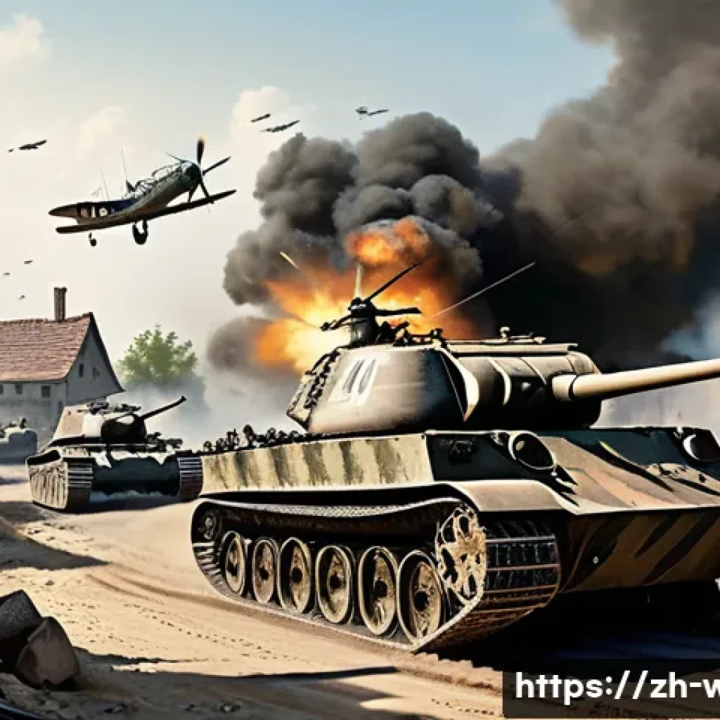 나치 독일의 전쟁 전략 - A dynamic battlefield scene depicting a coordinated Blitzkrieg assault during World War II, featurin...