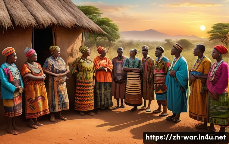 아프리카 지역 분쟁 - A detailed, realistic scene depicting a diverse group of African ethnic communities gathered in a vi...