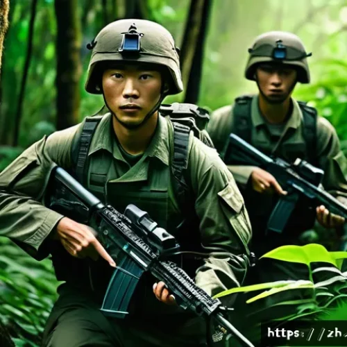게릴라 전술과 현대전 - A highly detailed scene of a small-scale guerrilla unit maneuvering through dense jungle terrain, us...