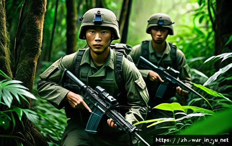 게릴라 전술과 현대전 - A highly detailed scene of a small-scale guerrilla unit maneuvering through dense jungle terrain, us...