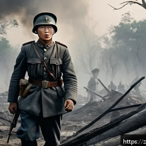 전쟁 소설 추천 - A detailed, realistic war scene depicting a young soldier in early 20th century uniform, standing am...