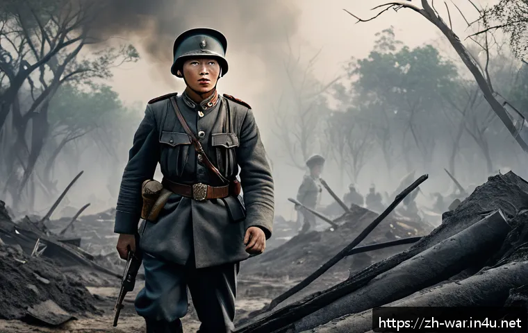 전쟁 소설 추천 - A detailed, realistic war scene depicting a young soldier in early 20th century uniform, standing am...