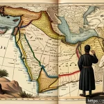 팔레스타인 분쟁 - A detailed historical scene depicting the early 20th-century Middle East after the fall of the Ottom...