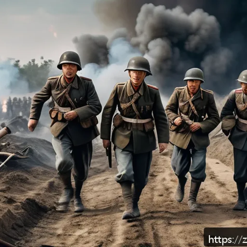 전쟁 영화 리뷰 및 분석 - A highly detailed battlefield scene during a World War II battle, featuring soldiers in authentic pe...
