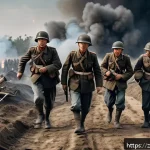 전쟁 영화 리뷰 및 분석 - A highly detailed battlefield scene during a World War II battle, featuring soldiers in authentic pe...