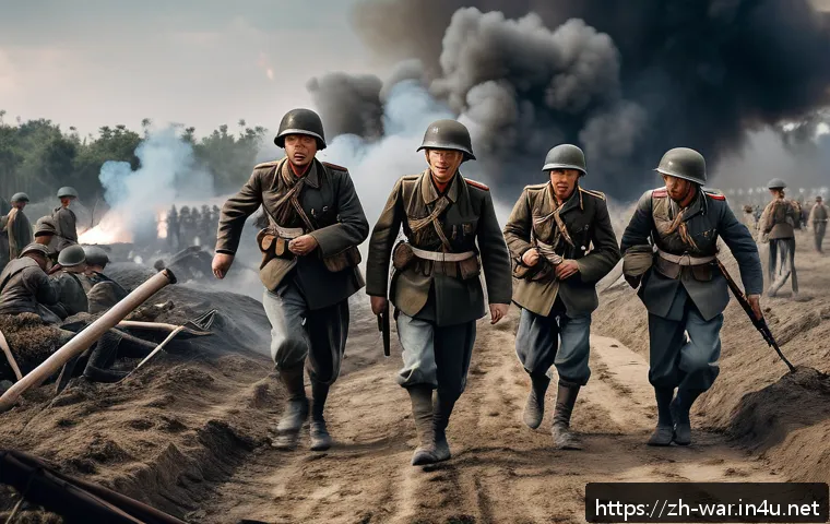 전쟁 영화 리뷰 및 분석 - A highly detailed battlefield scene during a World War II battle, featuring soldiers in authentic pe...