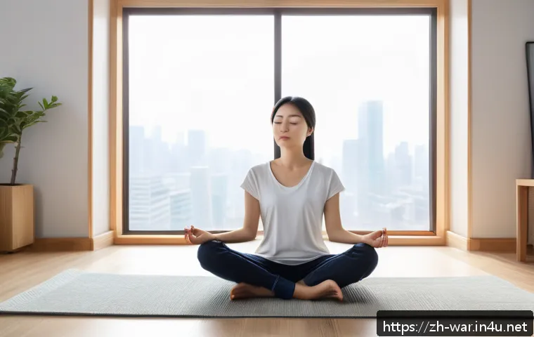 전투 스트레스와 대처법 - A serene modern bedroom scene featuring a young East Asian adult sitting cross-legged on a soft rug,...