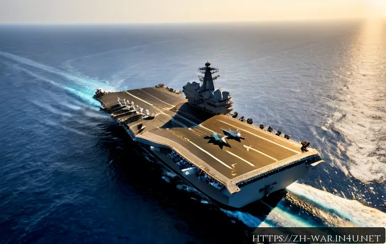 항공모함과 해군력 - Photorealistic modern aircraft carrier leading a naval task force across deep blue open ocean, wide ...