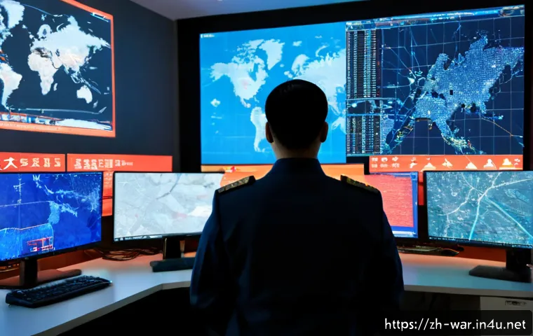 해킹과 군사 정보전 - Photorealistic military cyber operations center, focused cybersecurity analyst in modern uniform vie...