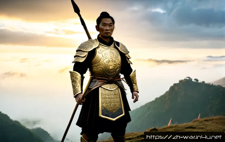 고대 전쟁 영웅과 전설 - Photorealistic ancient war hero in ornate bronze armor standing on a misty mountain battlefield at d...